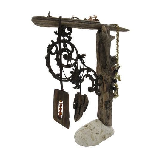 Driftwood & Stone Jewelry Stand with Black metal Hanger. Unique Rustic Wood, Iron and Stone Jewelry Organizer Stand Holder.