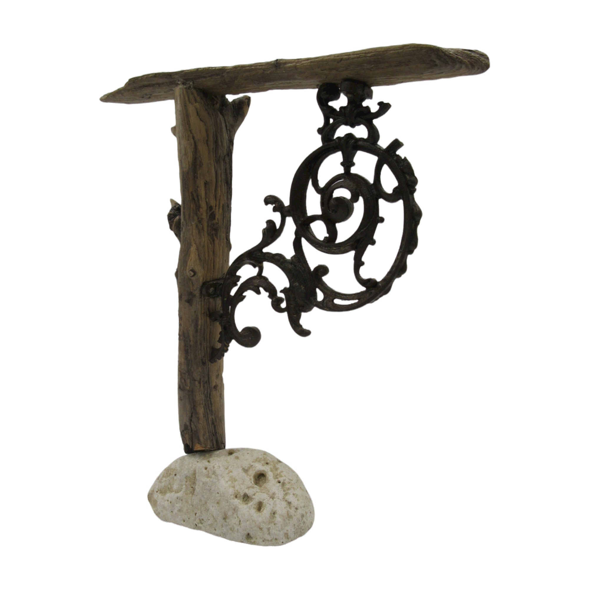 Driftwood & Stone Jewelry Stand authentic with Black metal Hanger. Unique Rustic Wood, Iron and Stone Jewelry Organizer Stand Holder.