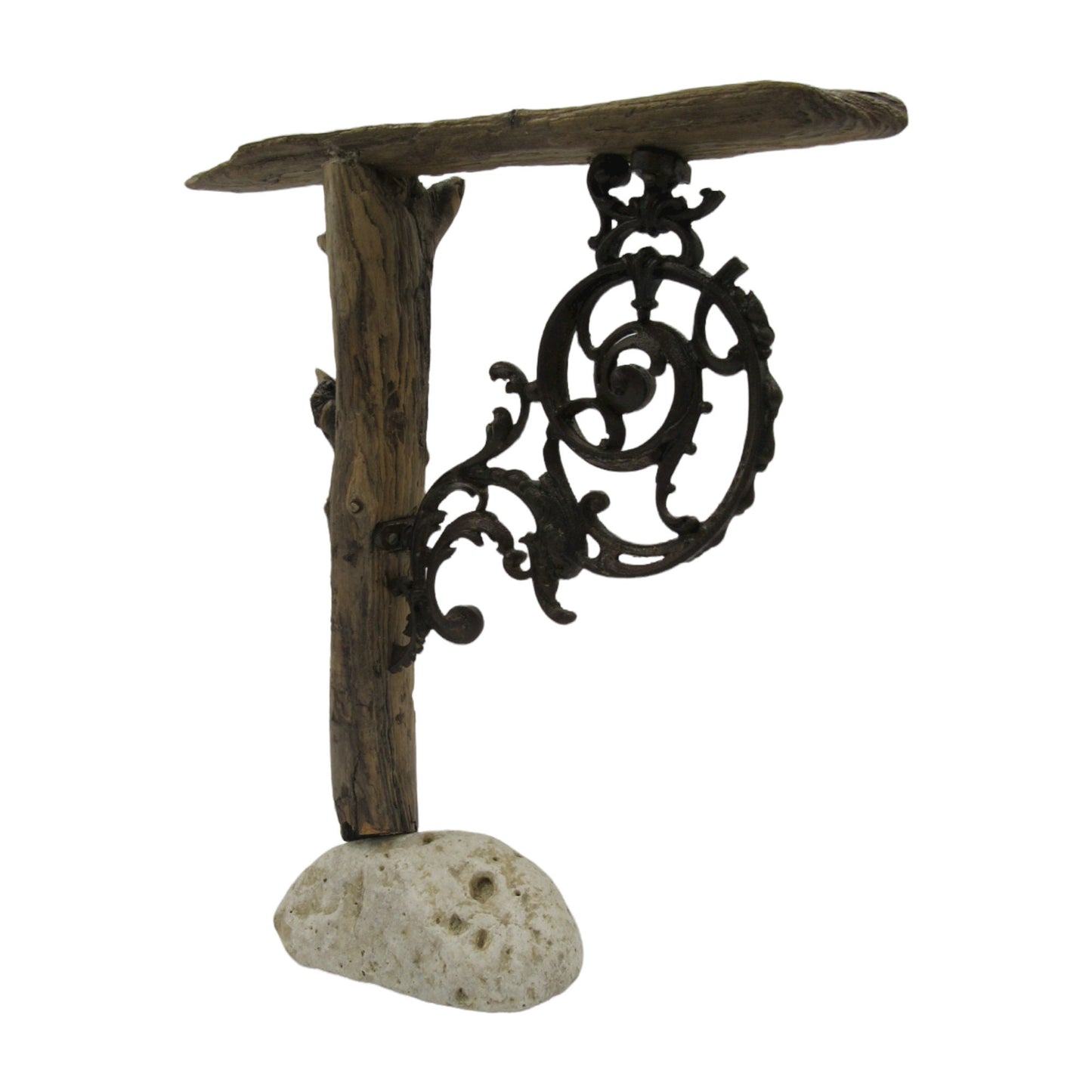 Driftwood & Stone Jewelry Stand with Black metal Hanger. Unique Rustic Wood, Iron and Stone Jewelry Organizer Stand Holder.