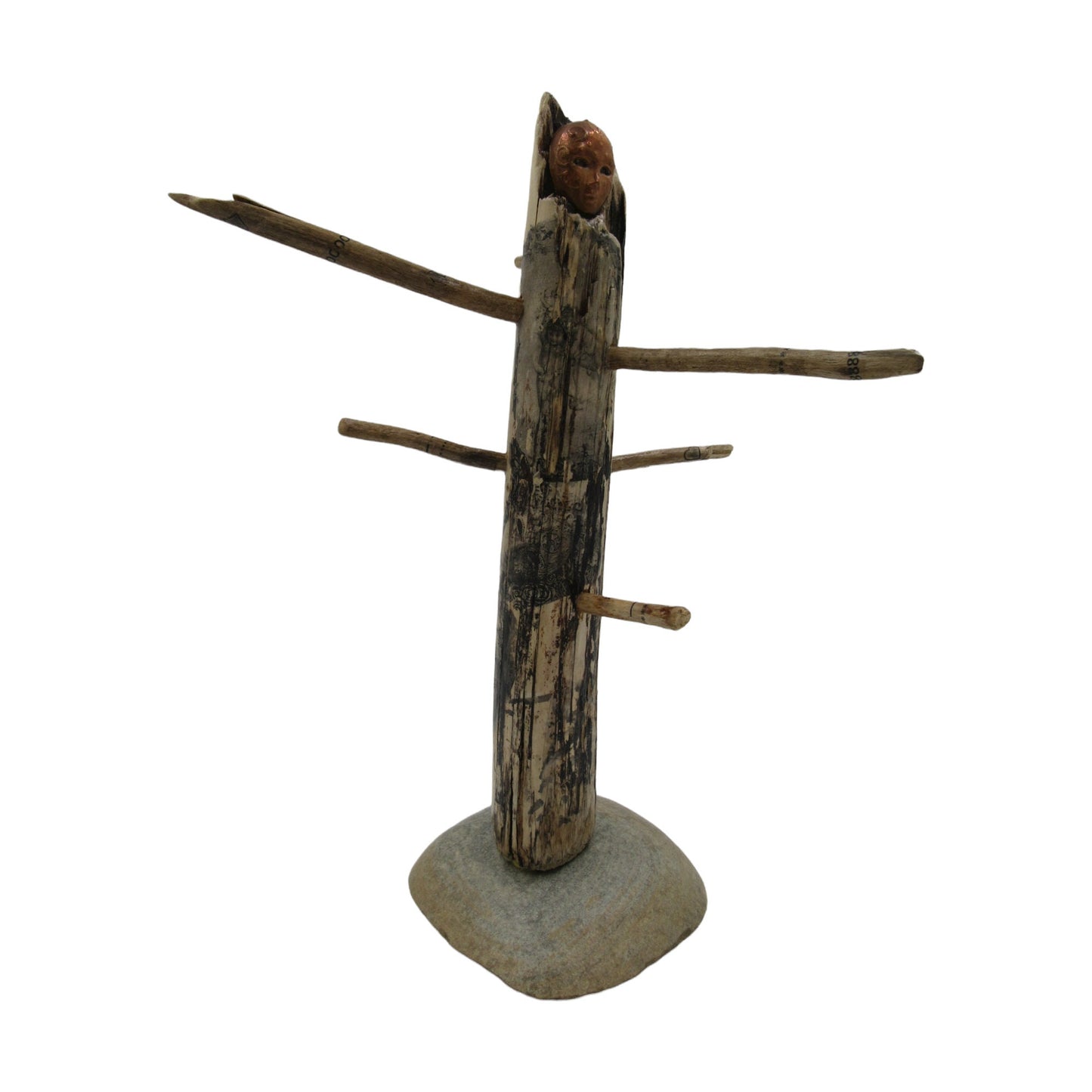 Driftwood & Stone Jewelry Holder - Large Totem Pole style Jewelry Stand from Decoupage Wood, Stone and Unique Electroformed Baby Doll Face