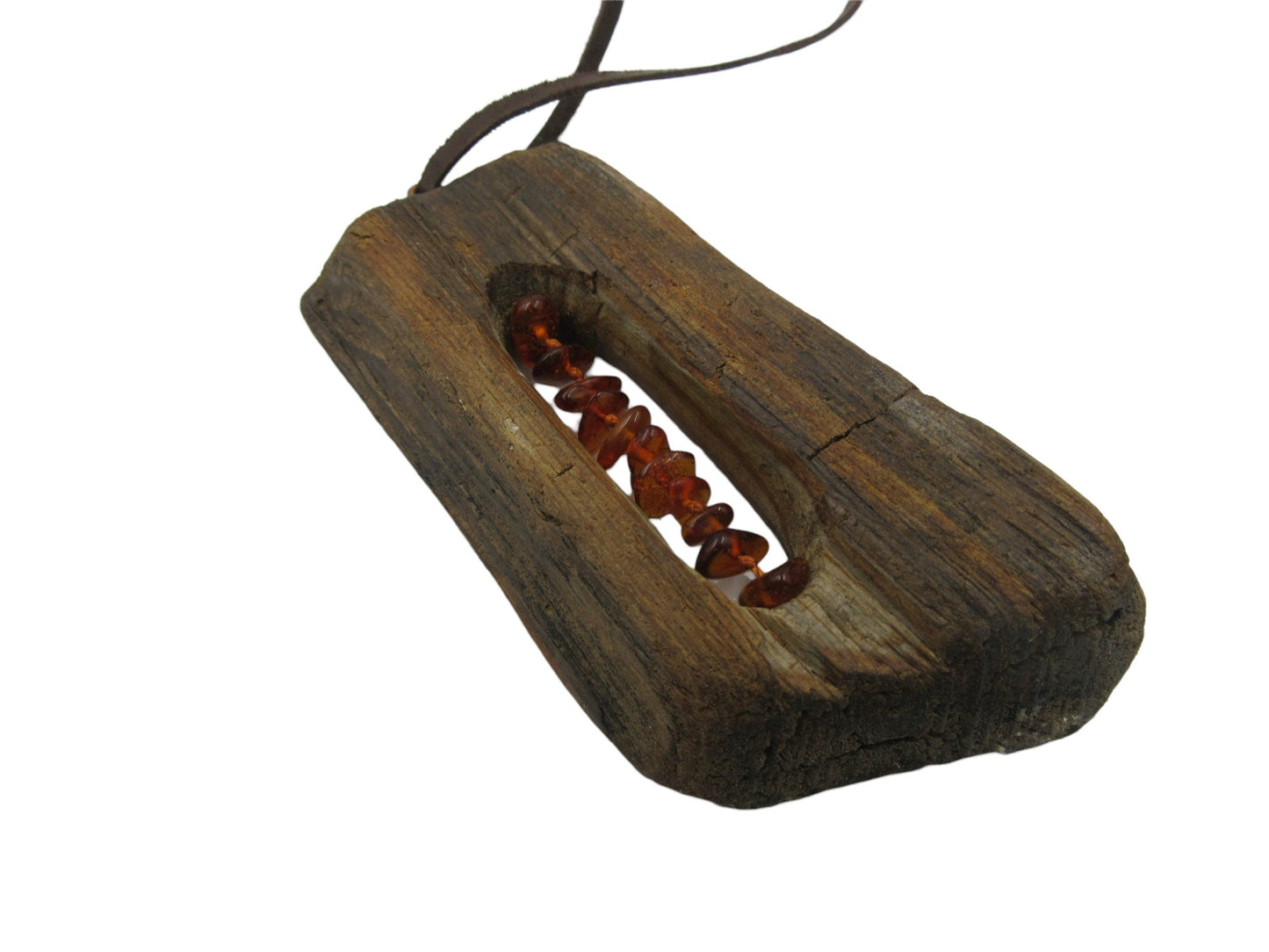 Driftwood & Amber Pendant - 4" (10cm)  Large Pendant made from Wood and Baltic Amber